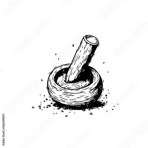 Hand drawn mortar and pestle illustration depicts grinding process suitable for culinary concepts