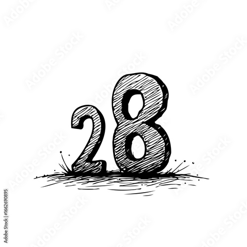 Hand drawn playful depiction of numerical digit twenty eight standing boldly on textured ground