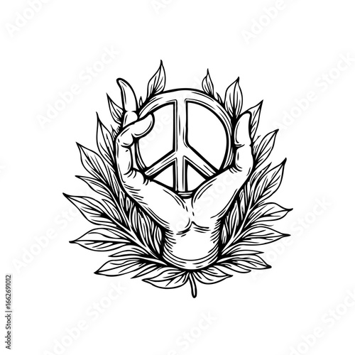 Hand offering peace symbol adorned with foliage symbolizing hope and harmonious existence between