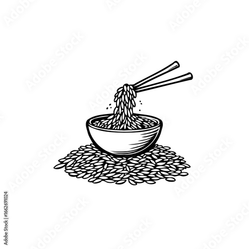 Hand sketched depiction of grain being lifted by chopsticks above a full bowl offering simple