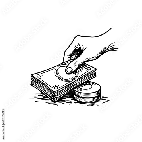 Hand meticulously stacking paper currency and shiny coin symbolizing wealth acquisition and