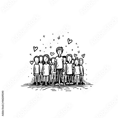 Illustrated representation of unity among diverse individuals standing together portraying