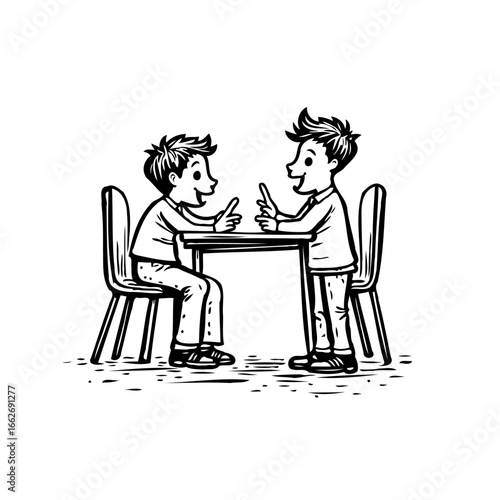 Illustration depicting two youngsters at a desk engaged in expressive communication conveying a