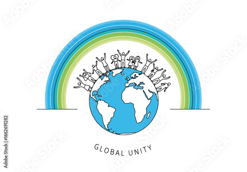 Illustration depicting global unity with people around the world under a rainbow.