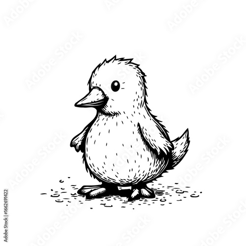Illustrative charming duckling artwork in black and white showcasing innocence and simple artistry