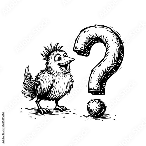 Illustrative depiction of a quizzical avian creature alongside a prominent question mark symbol