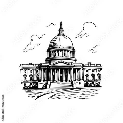 Illustrative representation of a neoclassical edifice evoking national significance against a