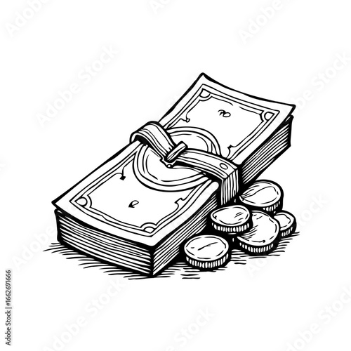 Illustrative sketch of bundled banknotes with band and stacked coins representing financial wealth