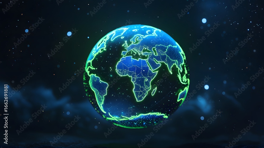 Fototapeta premium A glowing, stylized representation of Earth in space, outlined with vibrant green light.