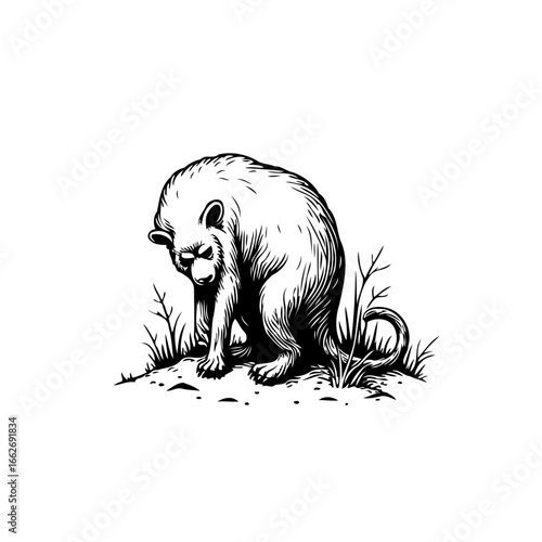 Ink drawn illustration portraying a somber creature contemplating its existence in a monochrome