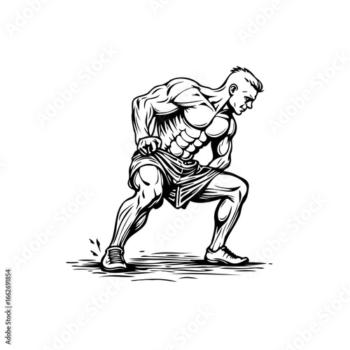 Intense athletic workout portrayal of a muscular man pushing with power in monochrome art muscular