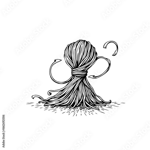 Intricate hand drawn illustration of a yarn ball design, with string unraveling and flowing down