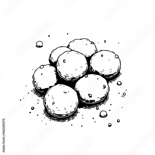 Intricate ink drawing showcasing a cluster of textured snowballs evoking winter memories and