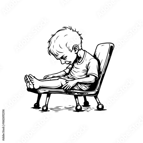 Isolated line art illustration depicts a pensive boy seated in a chair contemplating solitude and