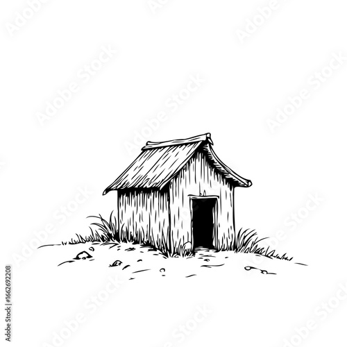 Isolated simplistic sketched hut amid wild grass delivering tranquil scenic illustration
