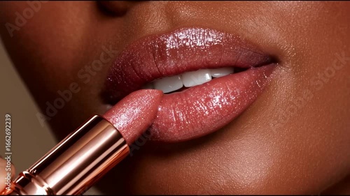Close-Up of Glossy Lips Applying Shimmery Nude Lipstick