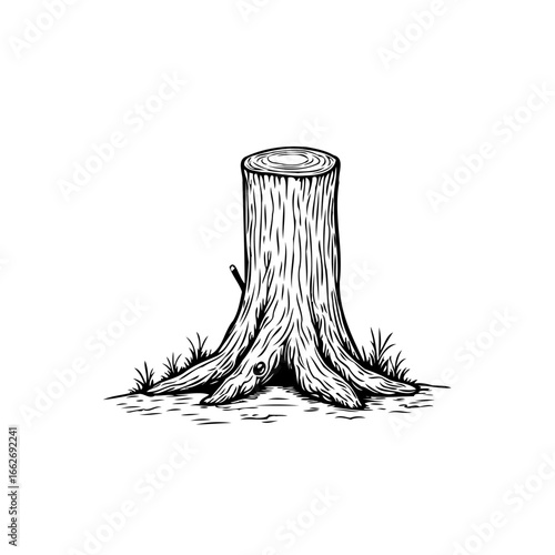 Isolated tree stump illustration conveying ecological impact forest regeneration concept minimal