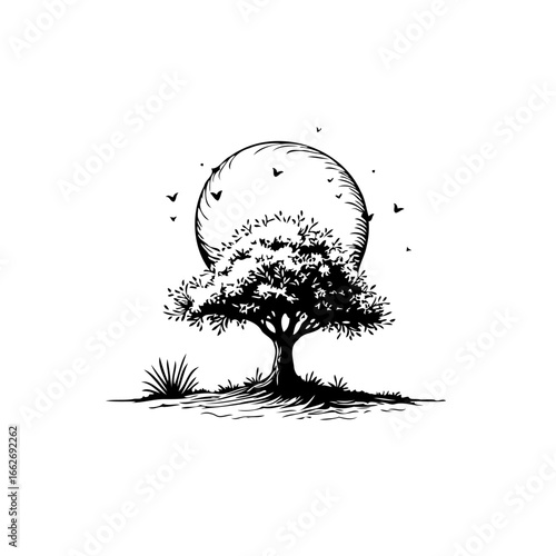 Lone arboreal silhouette illustration under celestial orb evoking serenity timelessness and