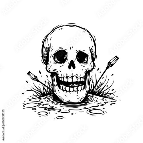 Macabre skull illustration juxtaposed with crossed oars and implied water creates unsettling yet