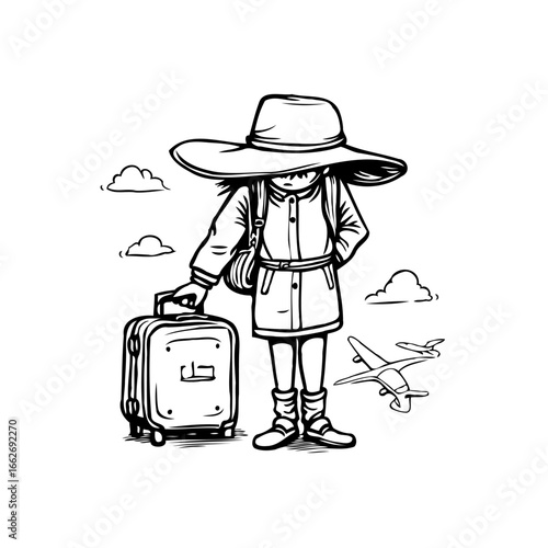 Lonely traveler with suitcase illustration depicting solo journey and adventure dreams for future