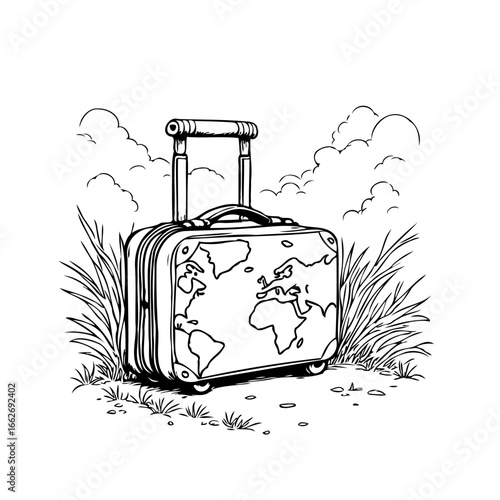 Minimalist world map suitcase illustration evoking wanderlust and international journeys featuring