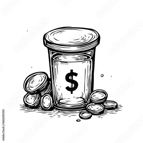 Money matters illustration showcasing financial accumulation with a coin filled container and
