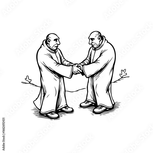 Monastic figures joining hands representing brotherhood spiritual alignment and collaborative