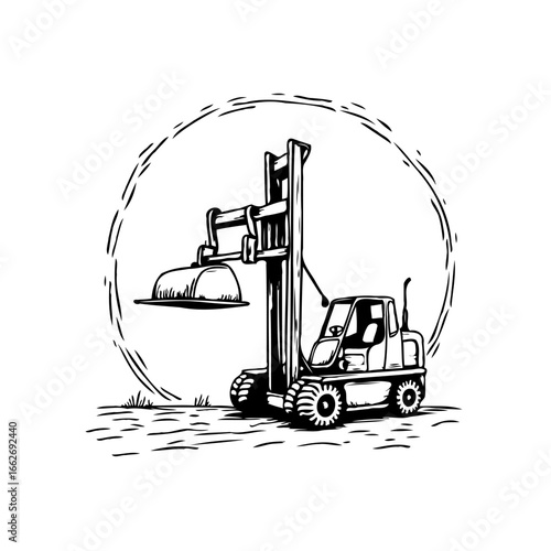 Minimalistic forklift illustration showcasing industrial equipment with a circular artistic