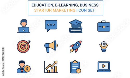 Education, E-learning, Business, Startup, Marketing i con set 