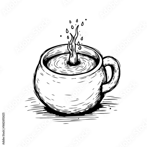 Monochrome beverage illustration depicting a cup of liquid with a rising steam or splash element