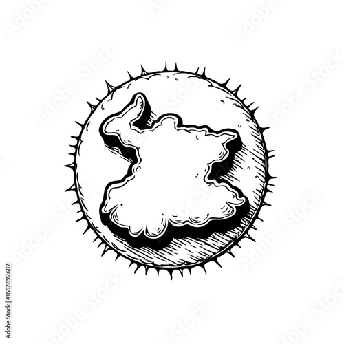Monochrome celestial body with a prominent internal landmass element in stylized graphic