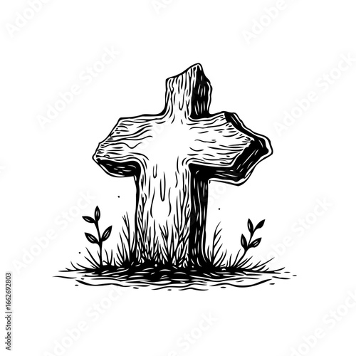 Monochrome depiction of a weathered stone cross amidst nascent greenery evoking somber reflection