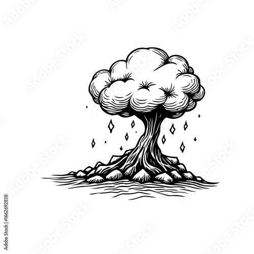 Monochrome etched depiction of a lonely tree shedding shimmering teardrops illustration showcases