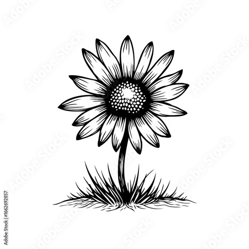 Monochrome floral artwork depicting a bold bloom with detailed petals offering visual engagement