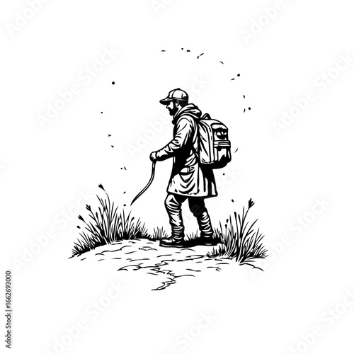 Monochrome illustration portraying a lone backpacker trek, evoking exploration, journey and
