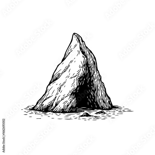 Monochrome illustration presenting a rugged cave entrance under a triangular rock formation in