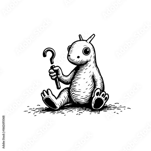 Monochrome pondering creature holding question mark symbolizing doubt uncertainty and seeking