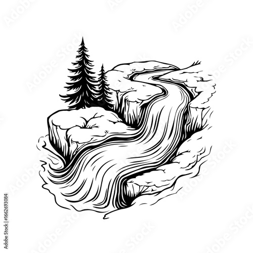 Monochrome river landscape illustration with evergreen trees and flowing water showing nature's