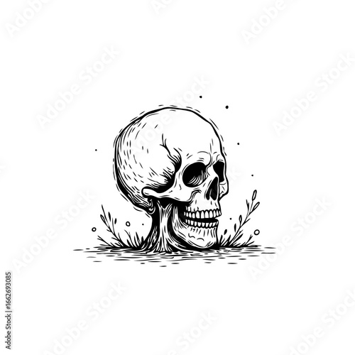 Monochrome skeletal head illustration with organic growth artful arrangement depicting life cycle
