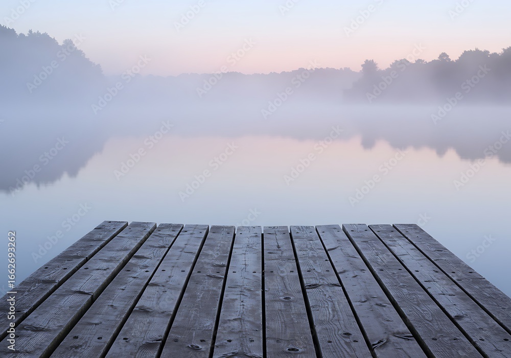 Obraz premium Mockup wooden pier on a misty lake at sunrise commercial usage