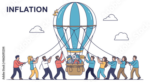 People pulling down inflation balloon, struggling with economy, financial burden concept, economic pressure