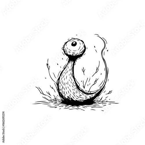 Monstrous eyeball creature with an unsettling design creating a whimsical yet creepy black and