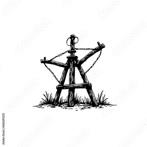 Monochrome woodcut illustration of a medieval trebuchet siege engine ready for historic battles