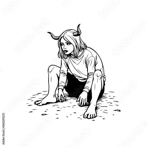 Mysterious horned figure in seated pose creates an enigmatic impression of otherworldly allure and