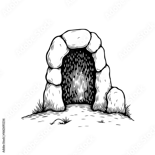 Mysterious stone entrance illustration depicting a portal or ancient gateway amidst natural