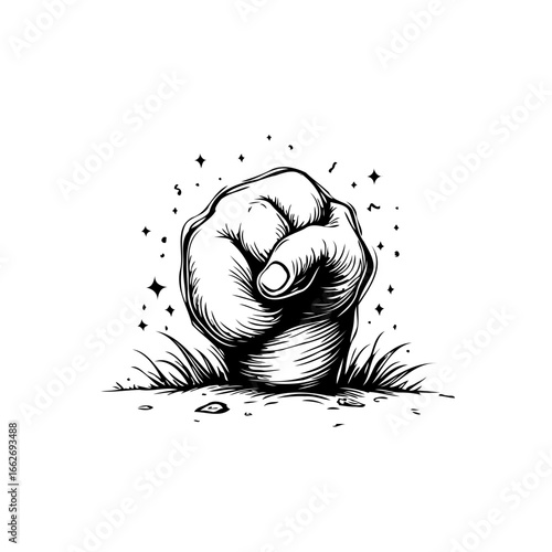 Powerful fist rising defiantly above the ground emphasizing strength and resistance with
