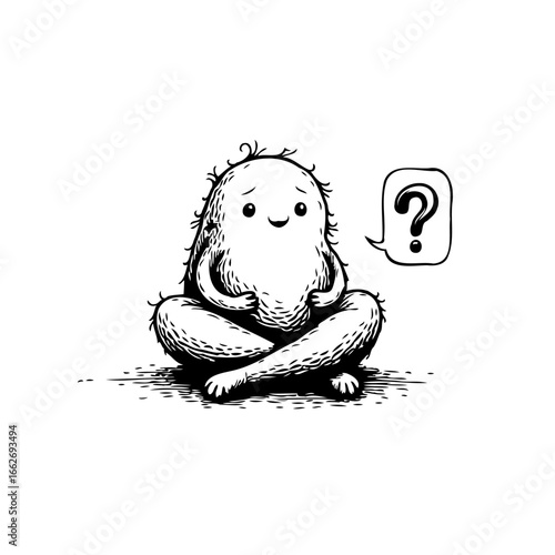 Puzzled hairy creature sitting in meditation pose with a question mark contemplating life's