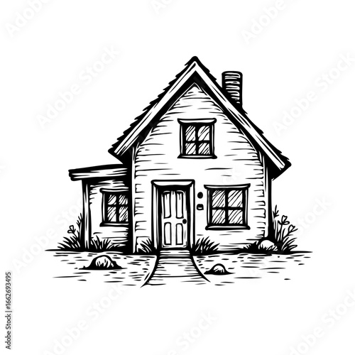 Quaint dwelling illustration: Black and white cottage with serene landscaping and architectural
