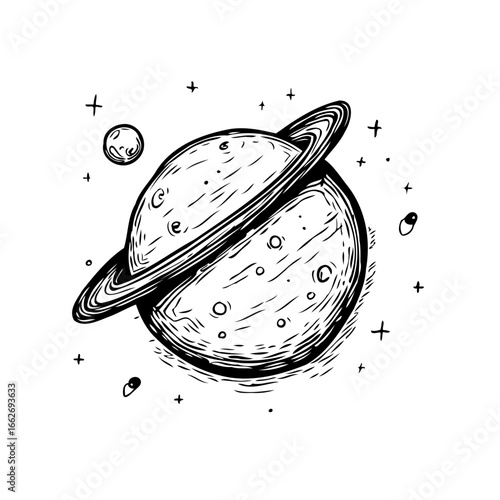 Saturnine sphere orbiting celestial sketch evoking dreamy galaxies cosmic wonders and astral