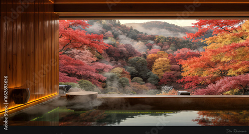 秋の紅葉した露天風呂の温泉